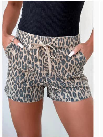 Leopard Lace-Up Denim Shorts